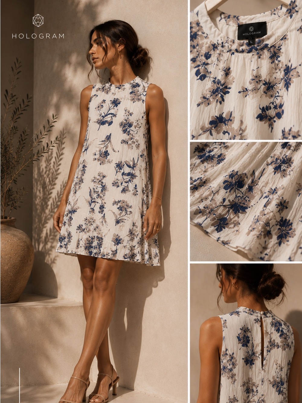 Hologram Ivory Sleeveless Mini Dress with Blue Floral Print